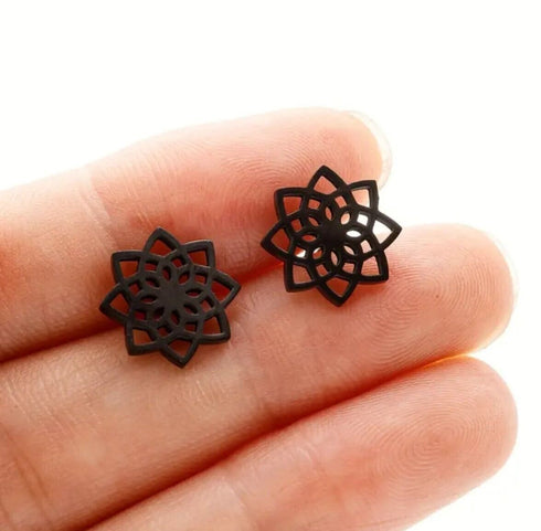 2 Pairs Titanium Steel Black Silver Lotus Mandala Flower Men Women Stud Earrings